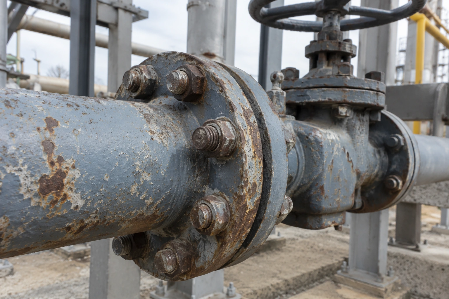 Detalhe de tubulação e válvula industrial com desgaste aparente