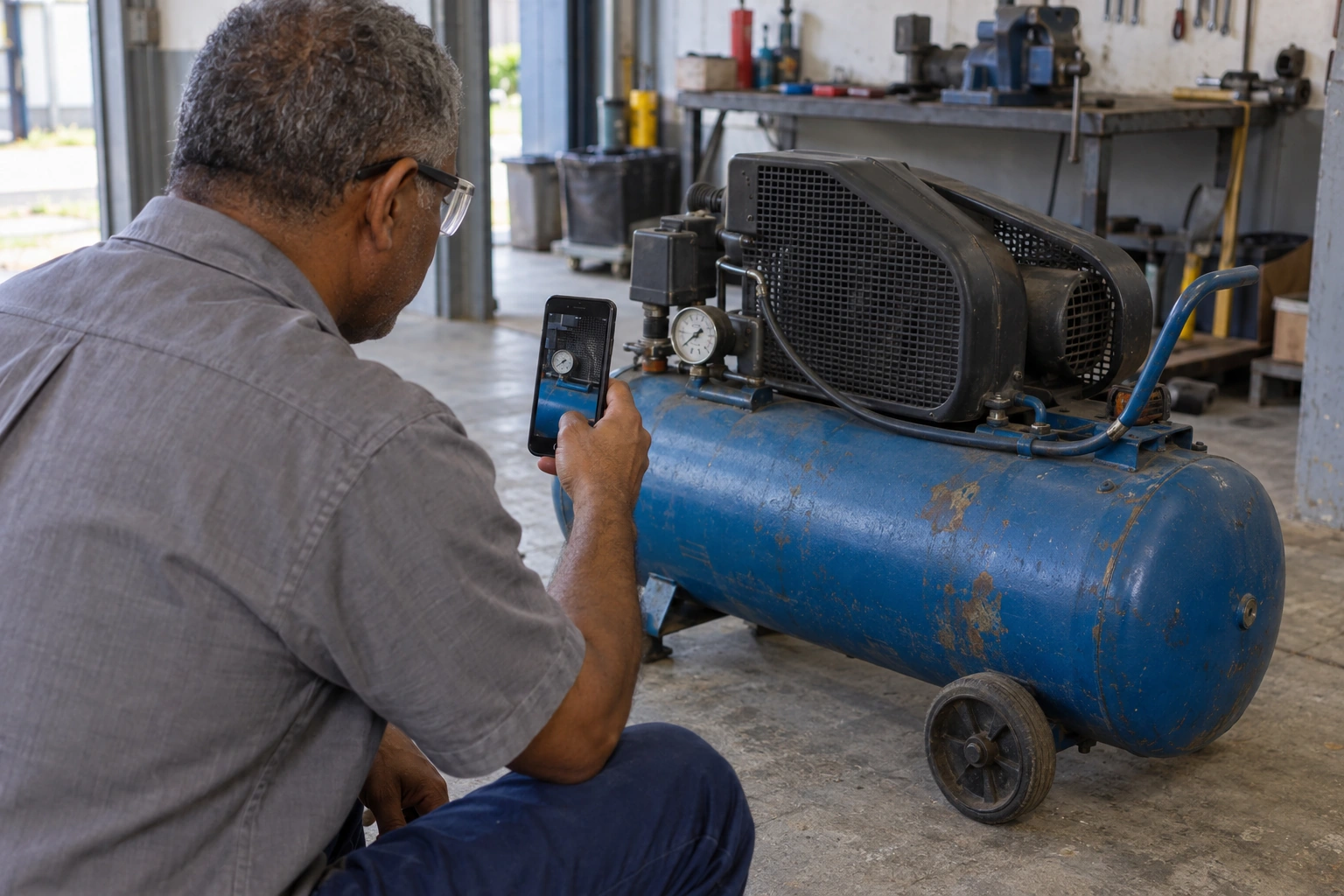 Profissional registrando um equipamento para documentar as condições do item